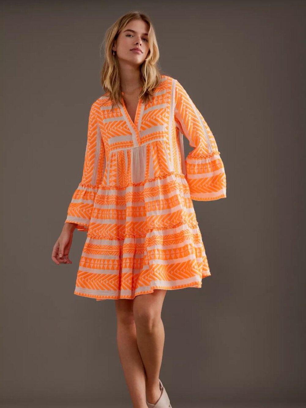 NWT Devotion Twins Ella Orange Flared-Sleeve Tiered A-Line Mini Dress Size M